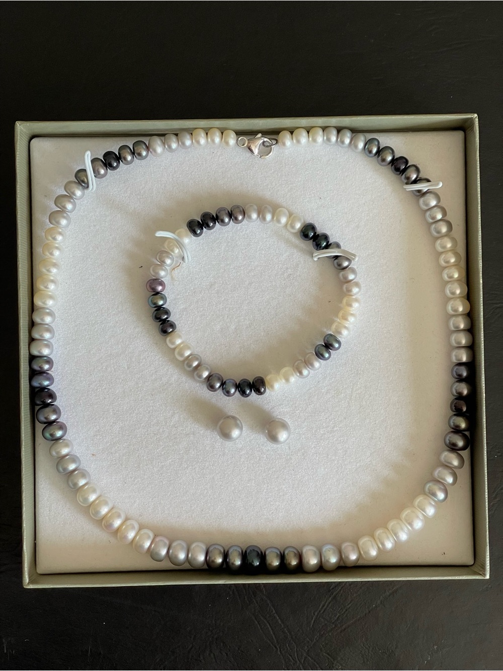 Honora 925 White and Black Pearl Necklace,Bracelet,earrings set.
